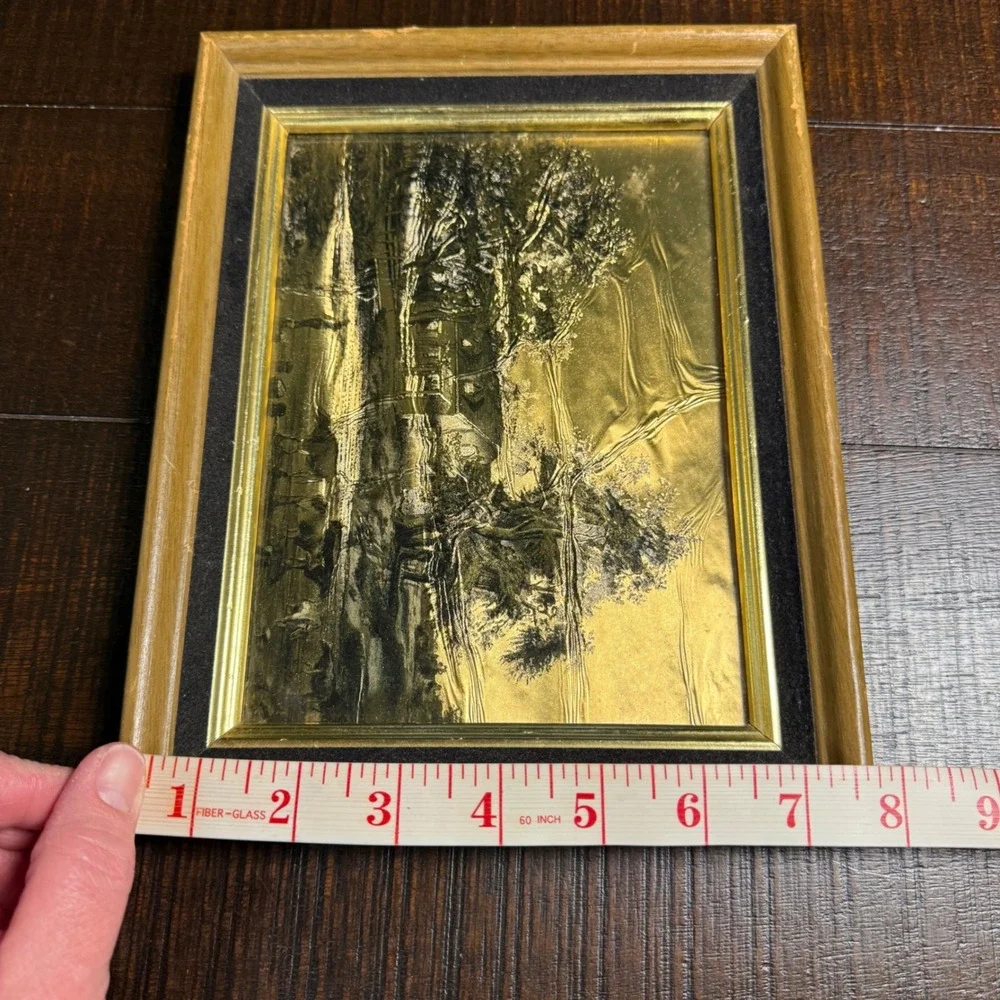 Vintage Currier & Ives Gold‎ Foil Etched Art Farmhouse Landscape Wood Frame 6x8